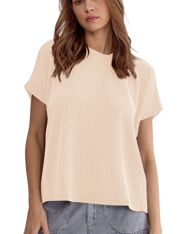 Striped Knitted Batwing-sleeved Short-sleeved T-shirt Fashion Loose Pullover Round Neck Top For Women Clothing - Image 3