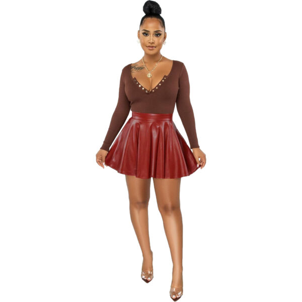 Sexy Solid Color PU Leather Swing Women's Skirt - Image 3