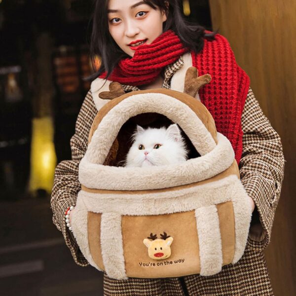 Carrier Bag Backpack Carrier Dog Travel Bag Pet Winter Outdoor Carriers Plush Reindeer Bag With Hand Warmers - Image 6