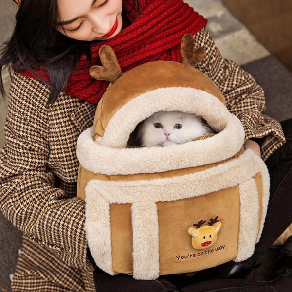 Carrier Bag Backpack Carrier Dog Travel Bag Pet Winter Outdoor Carriers Plush Reindeer Bag With Hand Warmers - Image 7
