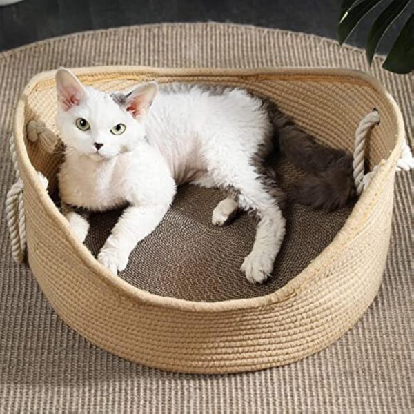 Wicker Cat Bed Basket Corrugated Scratching Board Comfortable Pet House Nest For Cats - Image 2